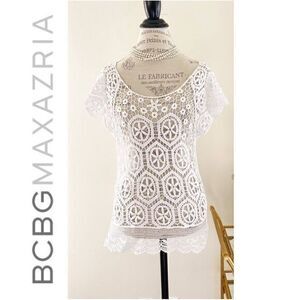 BCBGMAXZARIA White Cut-out Lace Embroidered Blouse XL